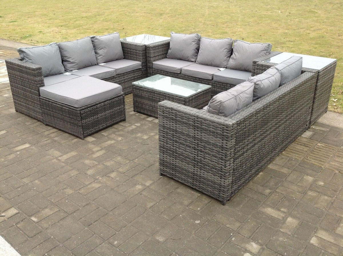 SITZGRUPPE Polyrattan 10-Sitzer - Dunkelgrau/Grau, Glas/Kunststoff - Fimous