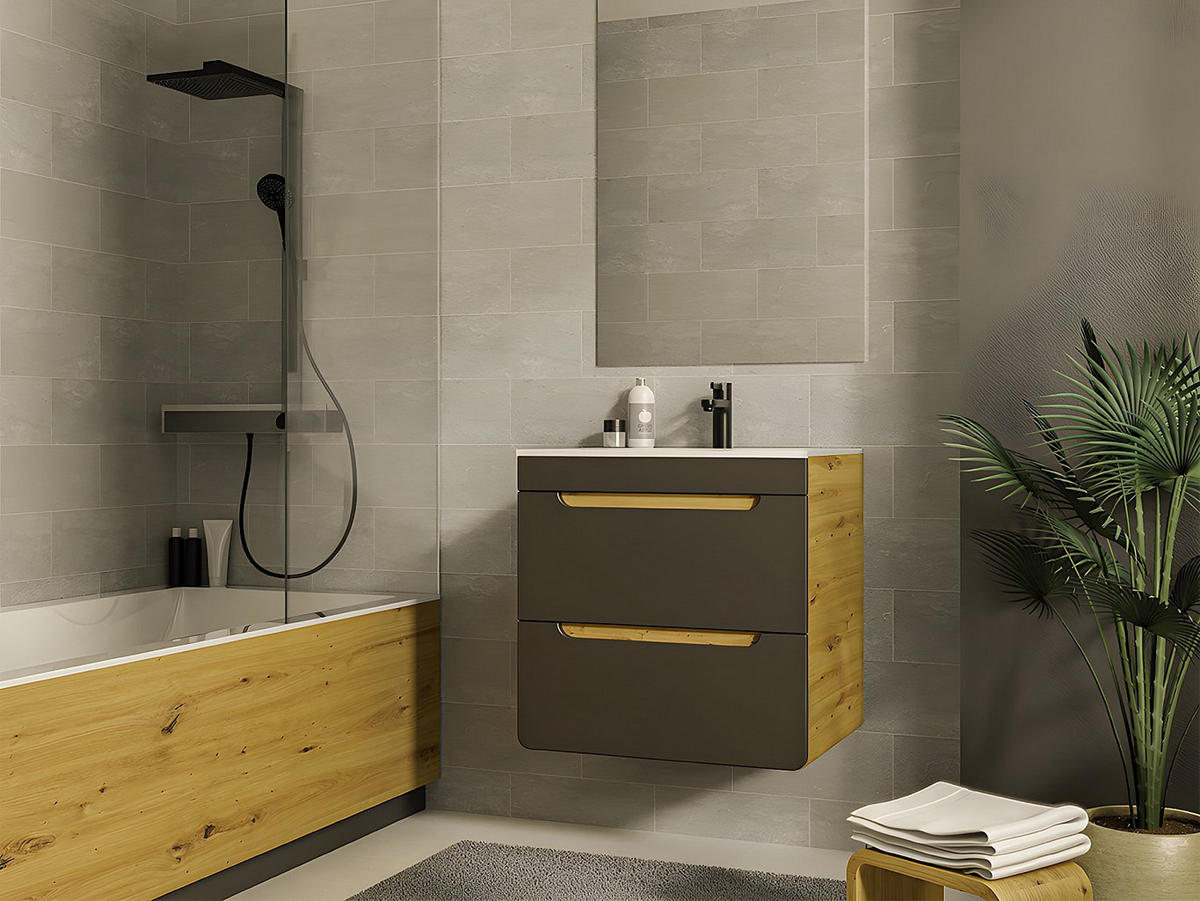 EINZELWASCHTISCH - 60cm x 46cm - Holzspan - anthrazitgrau, naturfarben hell - ARUBA - Anthrazit, Holz (60/59/46cm) - Vente-Unique