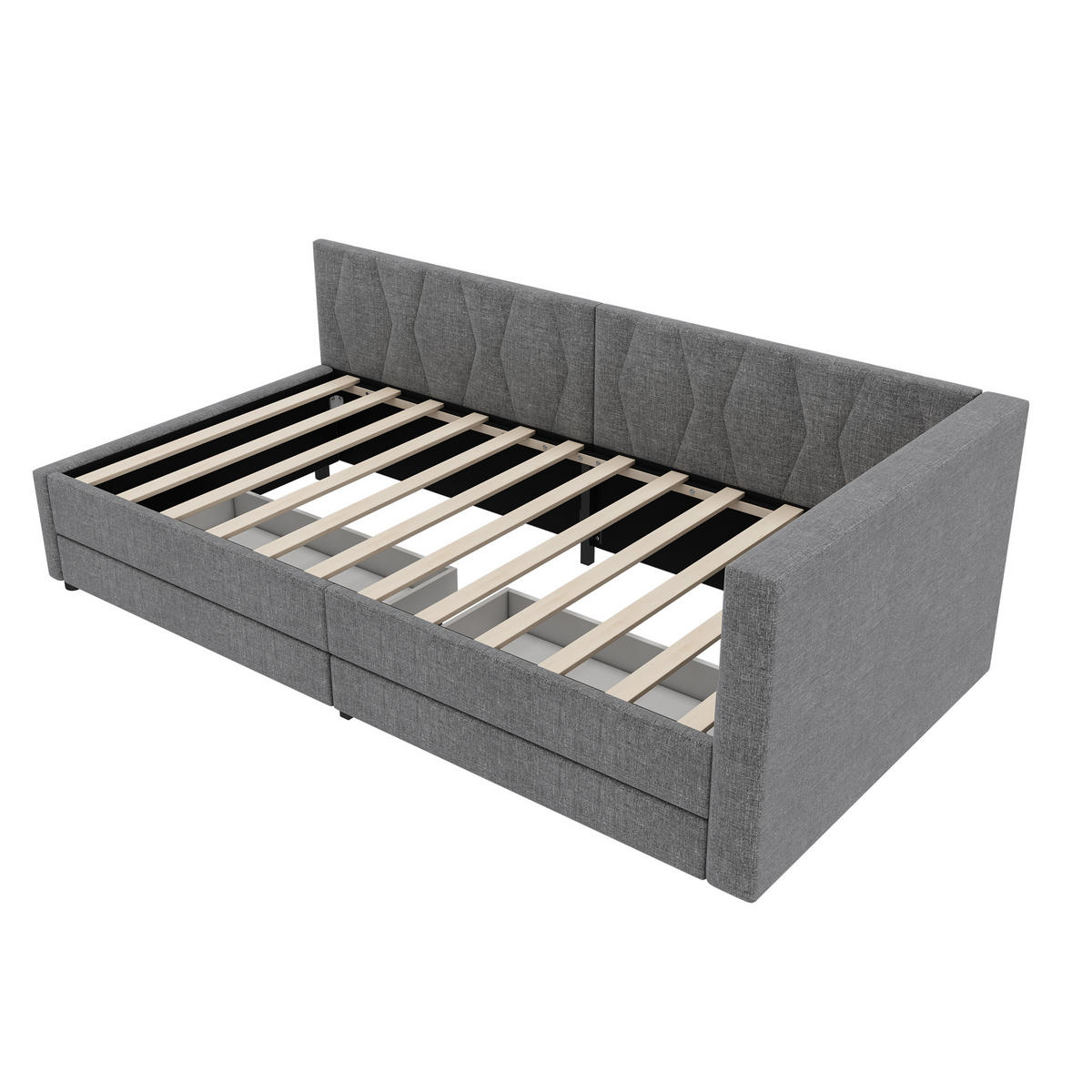 POLSTERBETT aus Leinen 90x200 cm in Grau mit LED, USB-C & 2 Schubladen - Grau, Textil (90/200cm) - Modfu