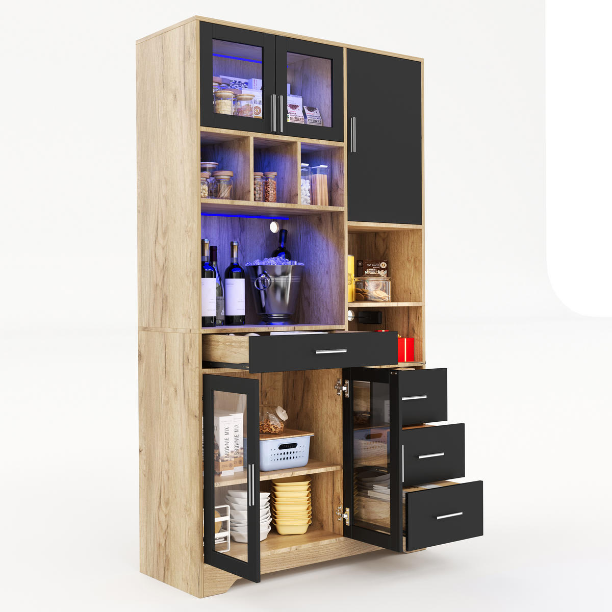 BUFFETSCHRANK 40/100/185 cm schwarz/natur aus MDF mit LED - Schwarz, Holzwerkstoff (100/185/40cm) - OKWISH