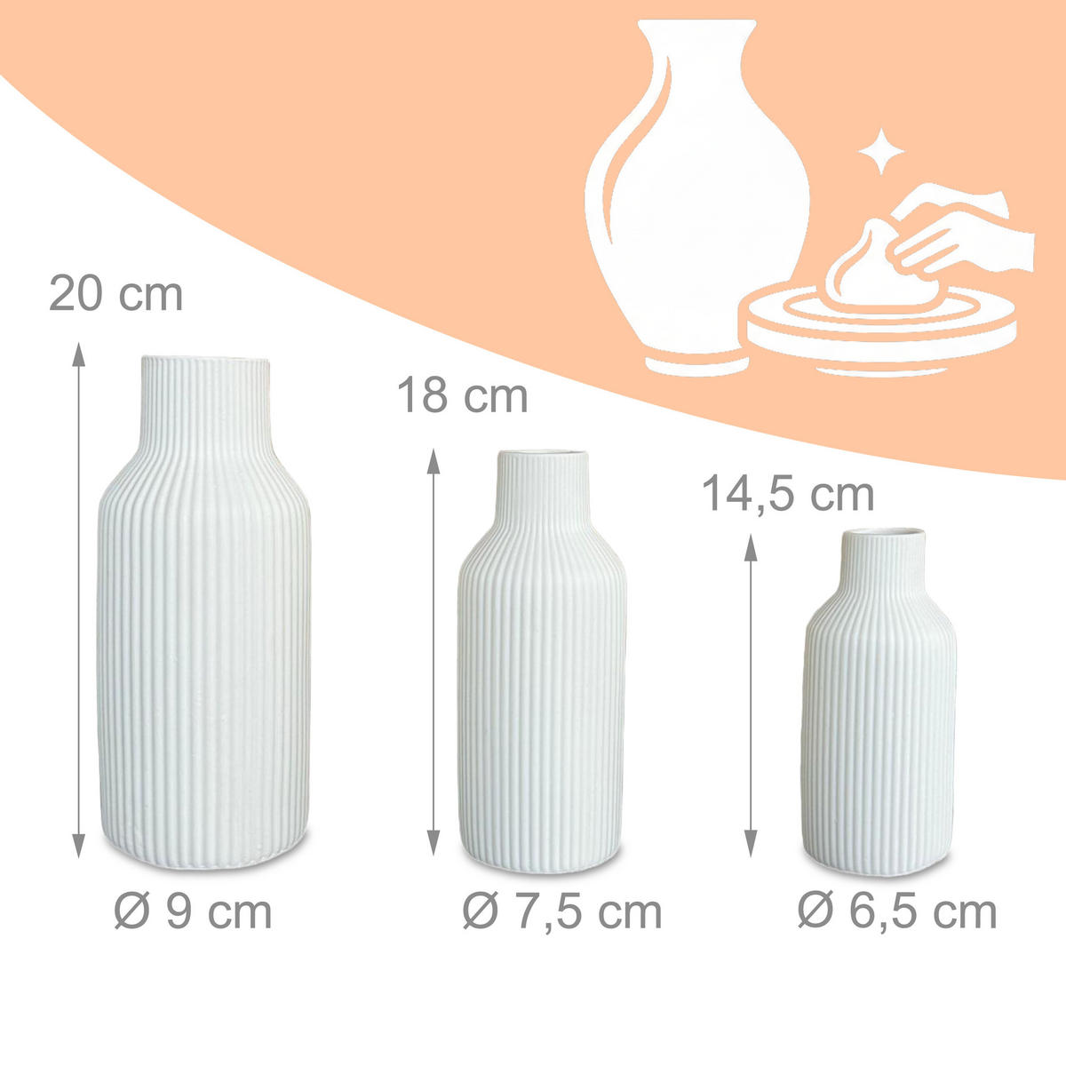 VASER Vita 3-pack - Vit, Keramik (20cm) - Relaxdays