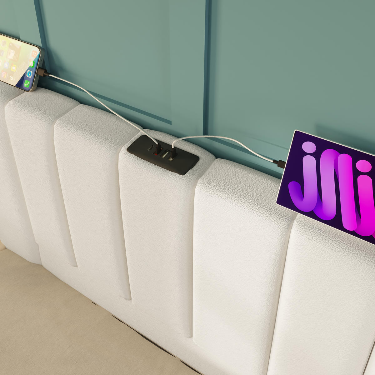 STAURAUMBETT 160/200 cm DE-01035, in PU Weiß,App-LED, Hydraulik und Matratze - Weiß, Metall (160/200cm) - ComfortXL