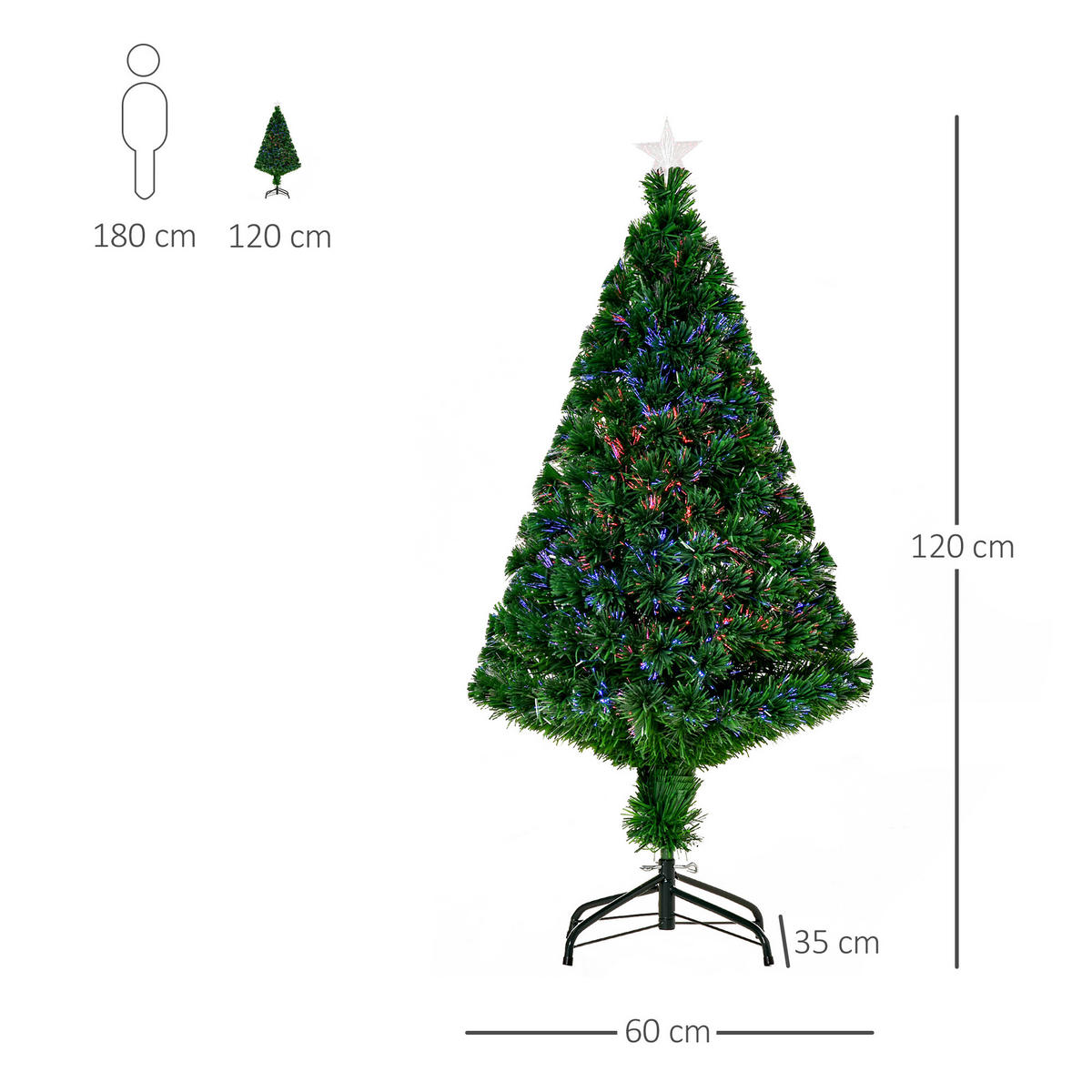 WEIHNACHTSBAUM Tannenbaum Christbaum LED Lichtfaser Baum Stern 8 Modell - Grün, Metall (120cm) - HOMCOM