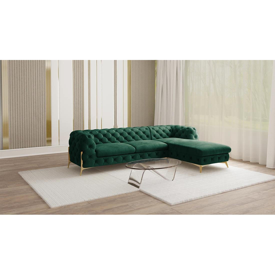 ECKSOFA Chesterfield Lexi Flasche Grün Samt, Ottomane rechts - Smaragdgrün/Goldfarben, Holz/Textil (305/200cm) - S-Style Möbel