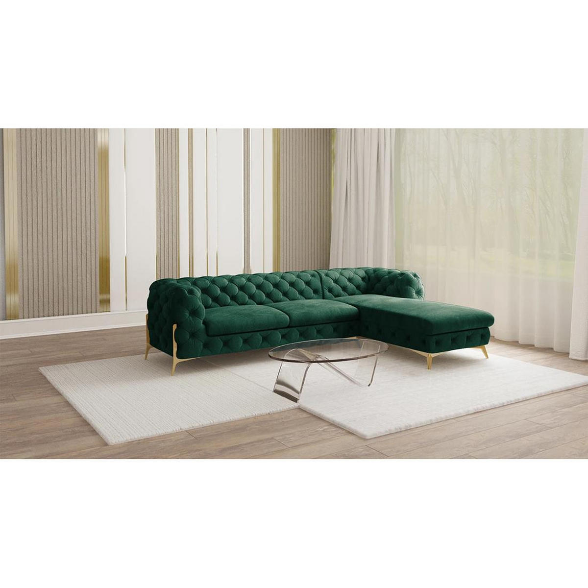ECKSOFA Chesterfield Lexi Flasche Grün Samt, Ottomane rechts - Smaragdgrün/Goldfarben, Holz/Textil (305/200cm) - S-Style Möbel