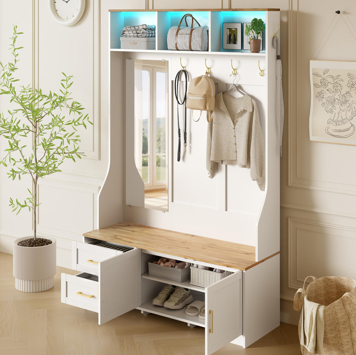 GARDEROBENSCHRANK mit LED und Spiegel 120 x 40 x 187 cm MDF Weiß/Holzoptik - Weiß, Holzwerkstoff (40/187/120cm) - Beauniv