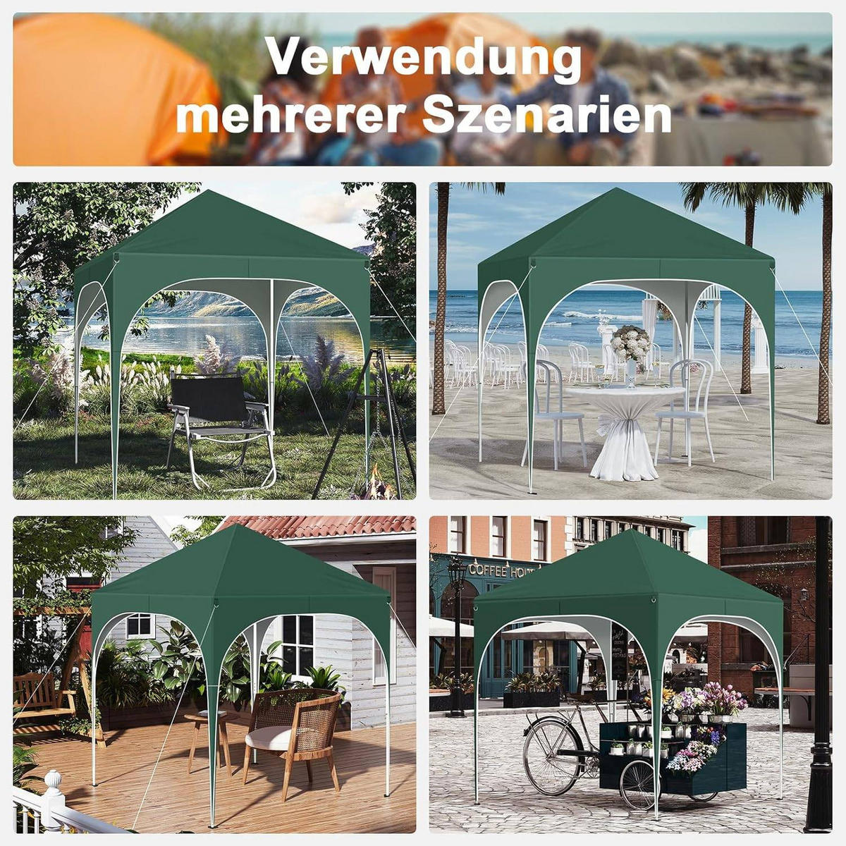 PAVILLON 2x2m mit 4 abnehmbaren Wänden, 3-stufig Höhenverstellbar - Grün, Metall (200/240/200cm) - Woltu