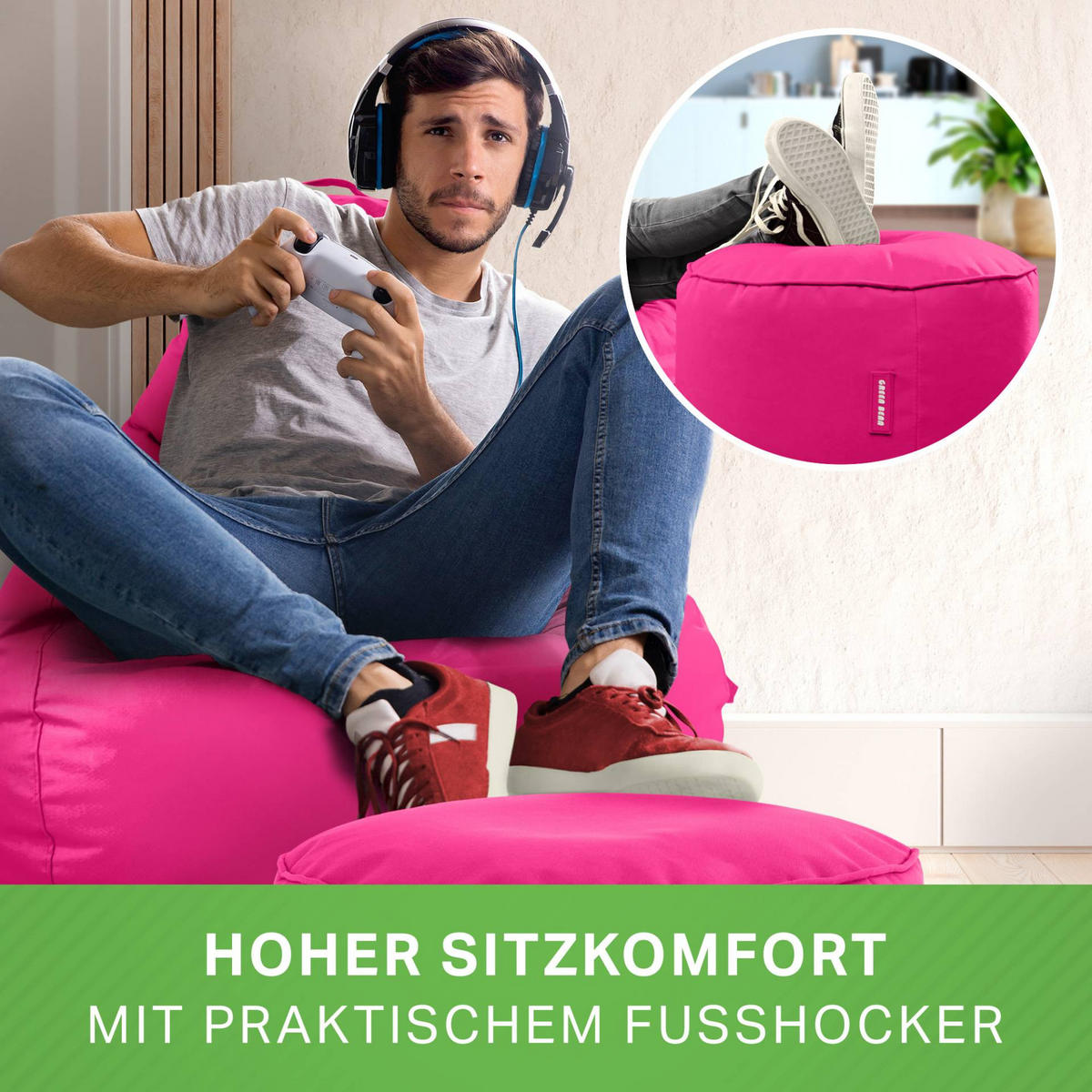 SITZSACK + Hocker "Cozy+Stay" 2er Set - Pink, Textil (70/90/80cm) - Green Bean
