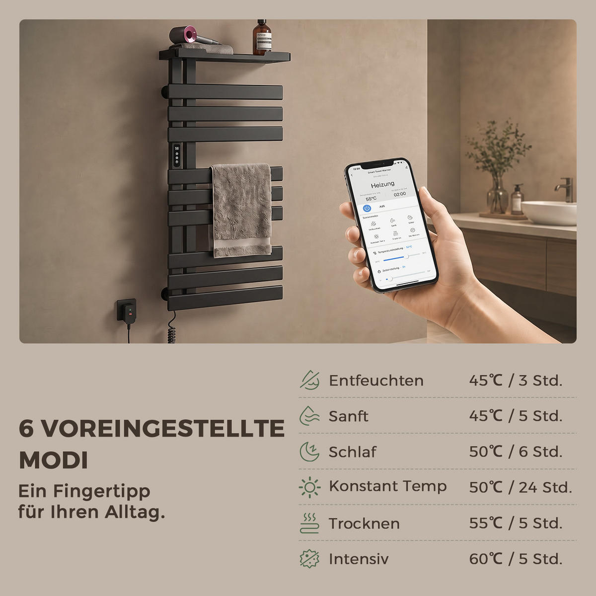 HEIZKÖRPER Elektrisch 100/50 cm Schwarz 335 W mit WLAN, Ablage und Carbon-Heizung - Schwarz, Metall (50/100/18.5cm) - S'AFIELINA