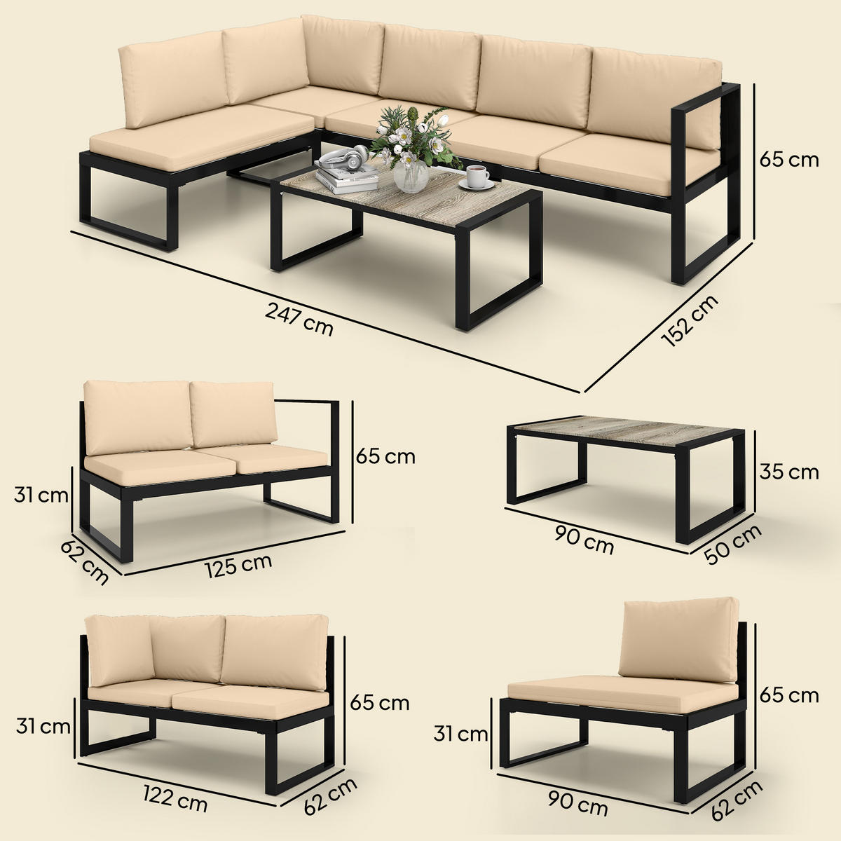 GARTENMÖBEL-SET DE-06584 4-tlg. mit 2 Zweisitzern & Couchtisch Khaki - Taupe, Textil/Metall - ComfortXL