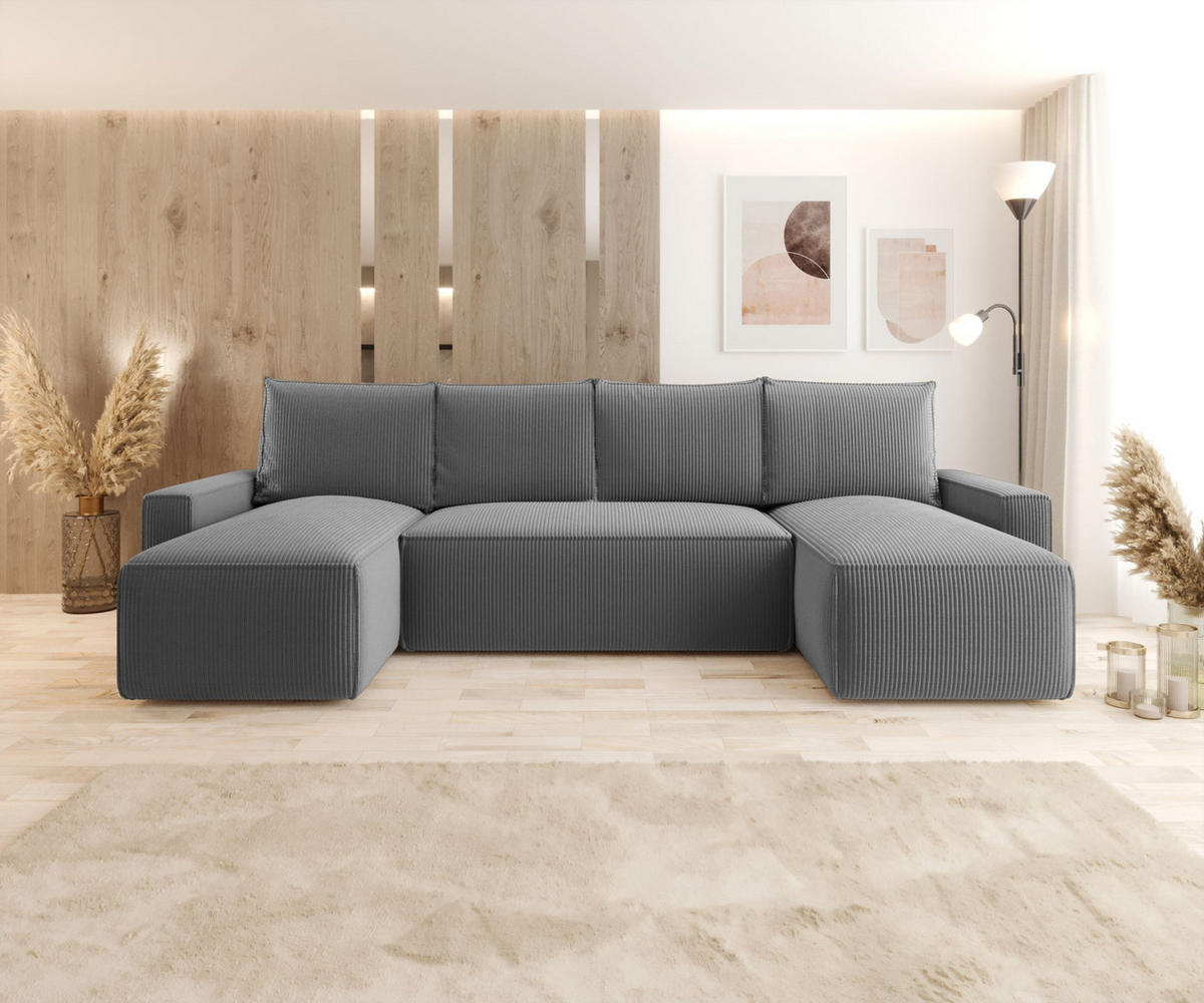 WOHNLANDSCHAFT mit Schlaffunktion SAVIO U Poso 60 - Grau, Textil (300/75/140cm) - Bedante
