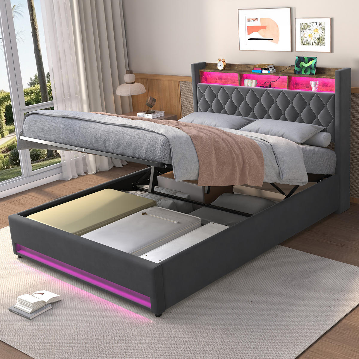 POLSTERBETT 180/200 cm in Grau Samt mit Bettkasten, LED-Beleuchtung und USB-Anschluss - Grau, Holzwerkstoff/Textil (180/200cm) - CHICFURN