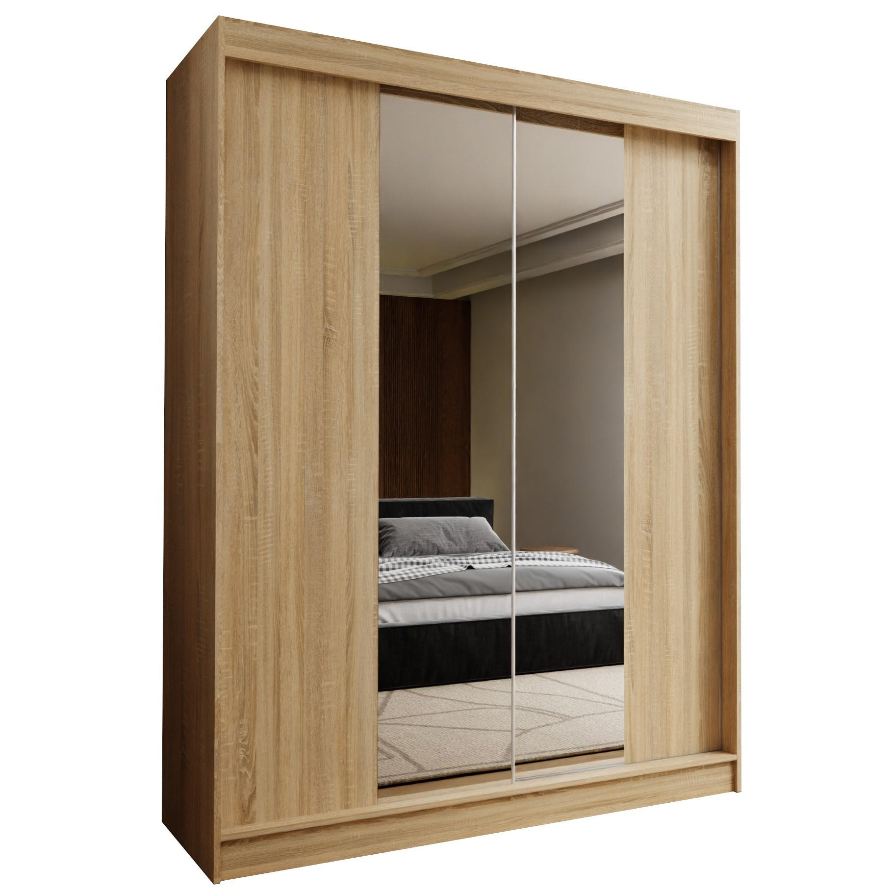 SCHWEBETÜRENSCHRANK LUCENZA 150/216/61 cm 2-türig mit Spiegel Sonoma Eiche - Sonoma Eiche, Holzwerkstoff (150/216/61cm) - MASSENO