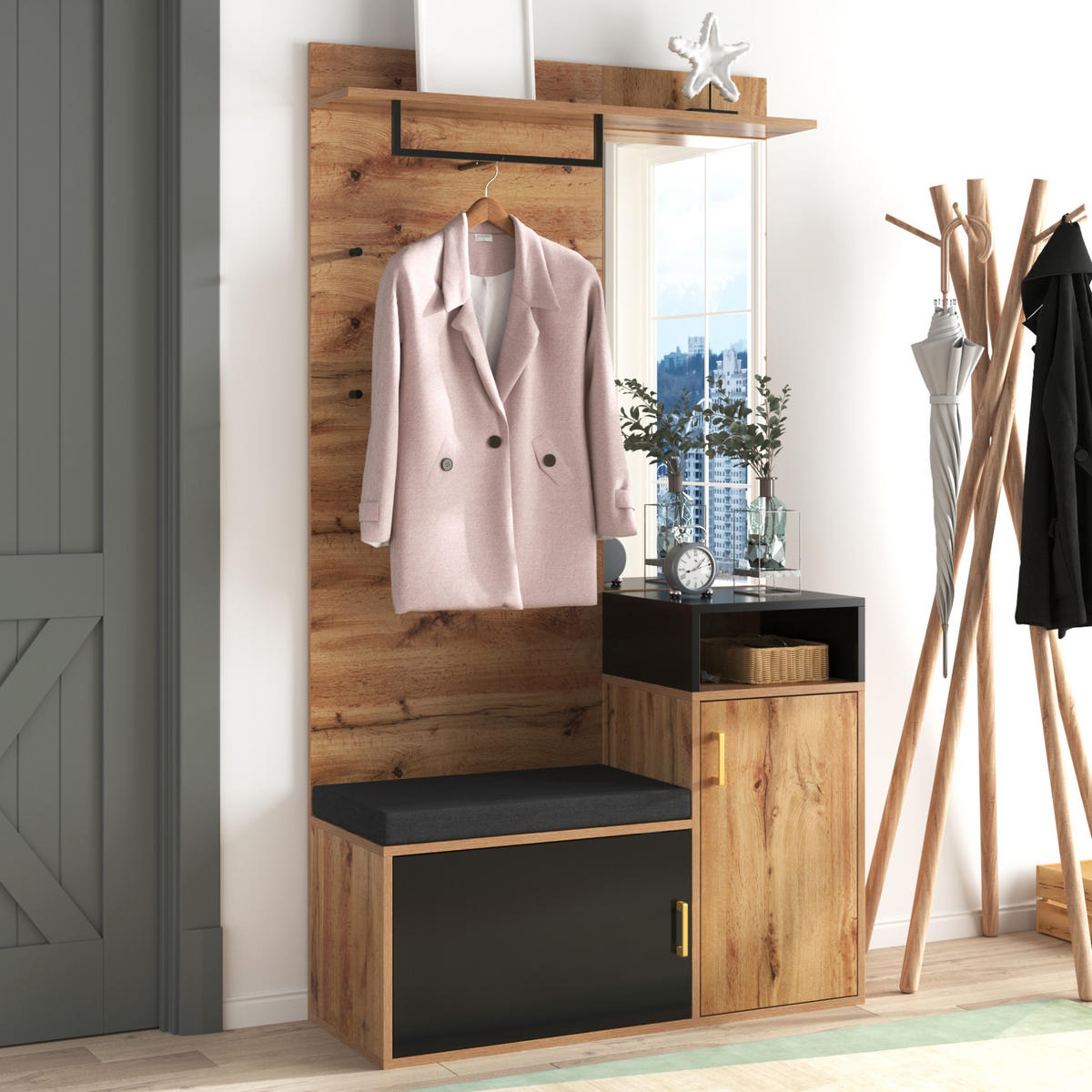 GARDEROBE 105/191,5/40 cm Schwarz aus MDF und Spanplatte mit Spiegel 2er Set - Schwarz, Holzwerkstoff (105/191/40cm) - OKMYHOME