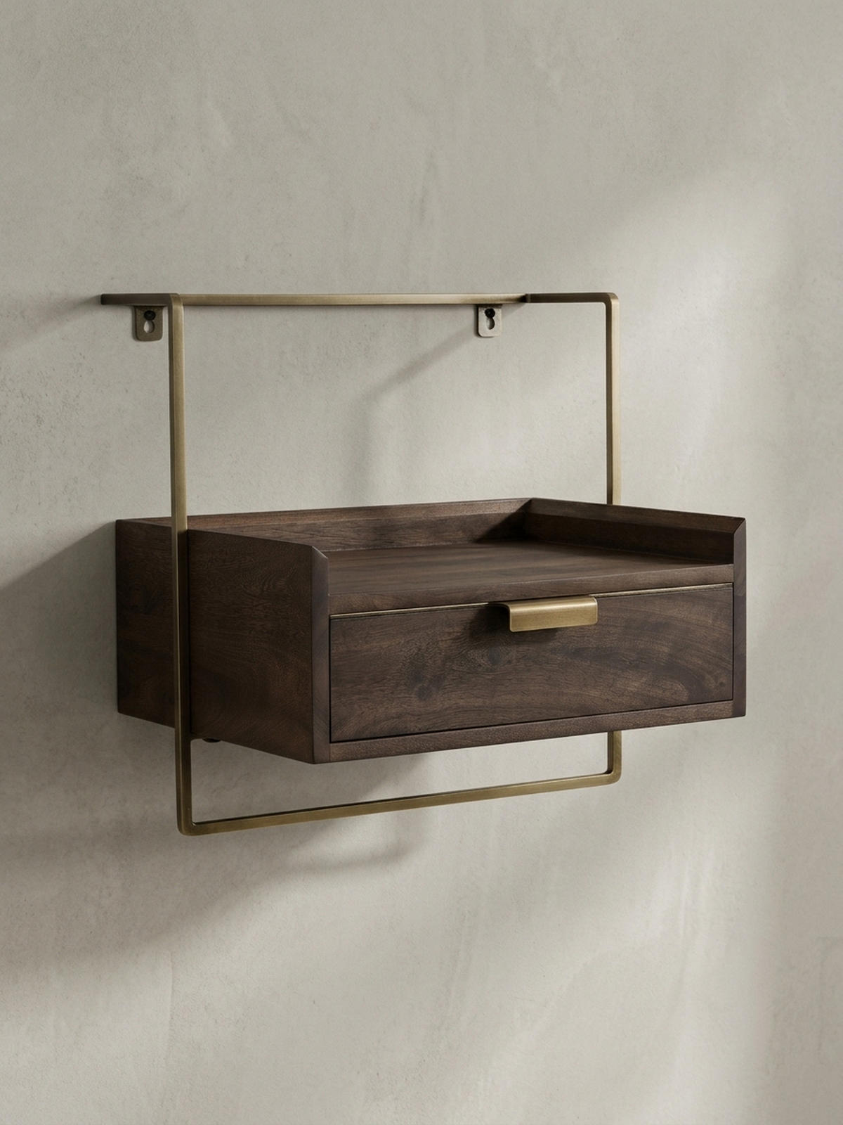 NACHTTISCH Mango Massivholz Wandmontage Schublade Boxspringbett, Braun 44x35x45 cm - Goldfarben/Braun, Holz/Metall (44/45/35cm) - KADIMA DESIGN