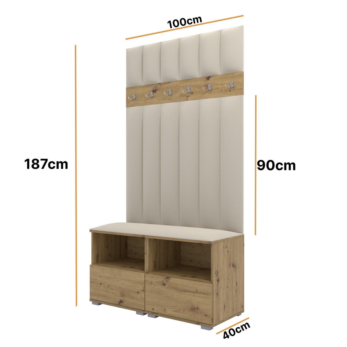 GEPOLSTERT Garderoben-Set Nela III LUX (Farbe Eiche Artisan + Stoff Trinity 01) - Silberfarben/Creme, Holz/Holzwerkstoff (100/187/40cm) - Ravio