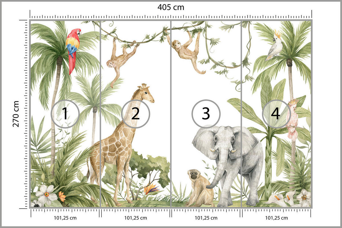 FOTOTAPETE für Kinderzimmer TIERE tropische Pflanzen Natur 405x270cm - Rot/Weiß, Papier (405/270cm) - Muralo