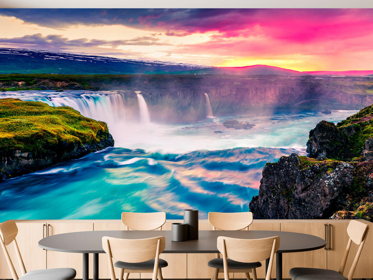FOTOTAPETE für Esszimmer Godafoss Wasserfall Sonnenuntergang Natur 200x140 - Multicolor, Papier (200/140cm) - Muralo