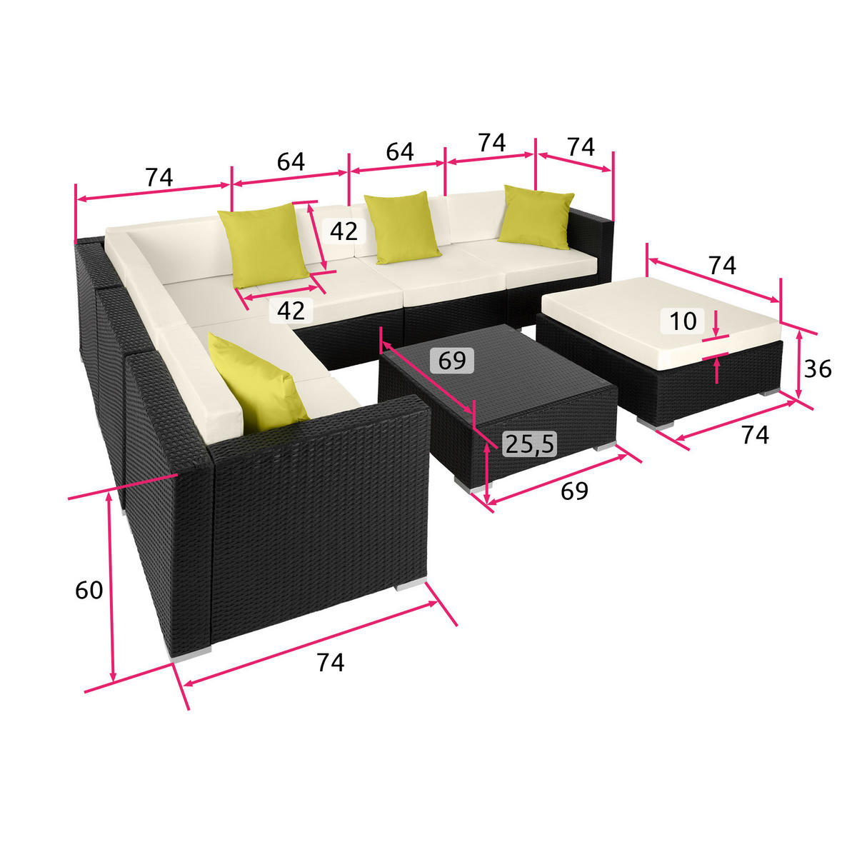 RATTANLOUNGE Marbella,mit Sicherheitsglasplatte,schwarz - Schwarz, Kunststoff - tectake
