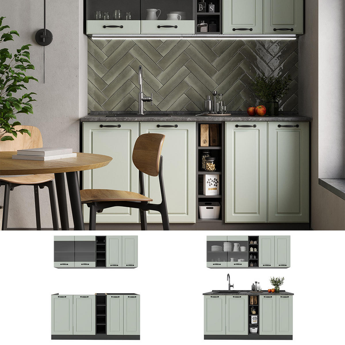 SINGLEKÜCHE R-Line, Mint Landhaus/Anthrazit, 160 cm Arbeitsplatte Anthrazit - Anthrazit/Grün, Holzwerkstoff (160/81.6/60cm) - Vicco