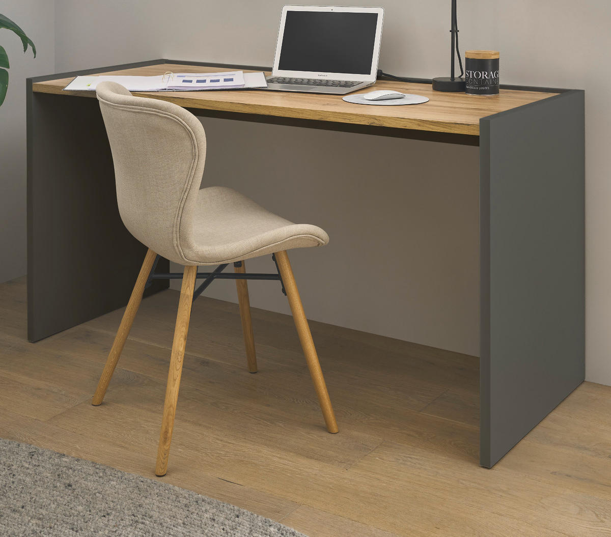 SCHREIBTISCHKOMBINATION 2-teilig grau matt, Eiche Wotan 143 cm, Büromöbel Set mit Bürocontainer - Eiche Wotan/Schwarz, Holzwerkstoff/Kunststoff (62/143/76cm) - Furn.Design