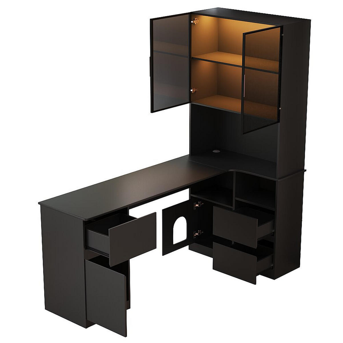 ECKSCHREIBTISCH 120cm LED Regal 3 Schubladen 2 Türen Kabel modern - Schwarz, Holzwerkstoff (120/80/180cm) - FLIEKS