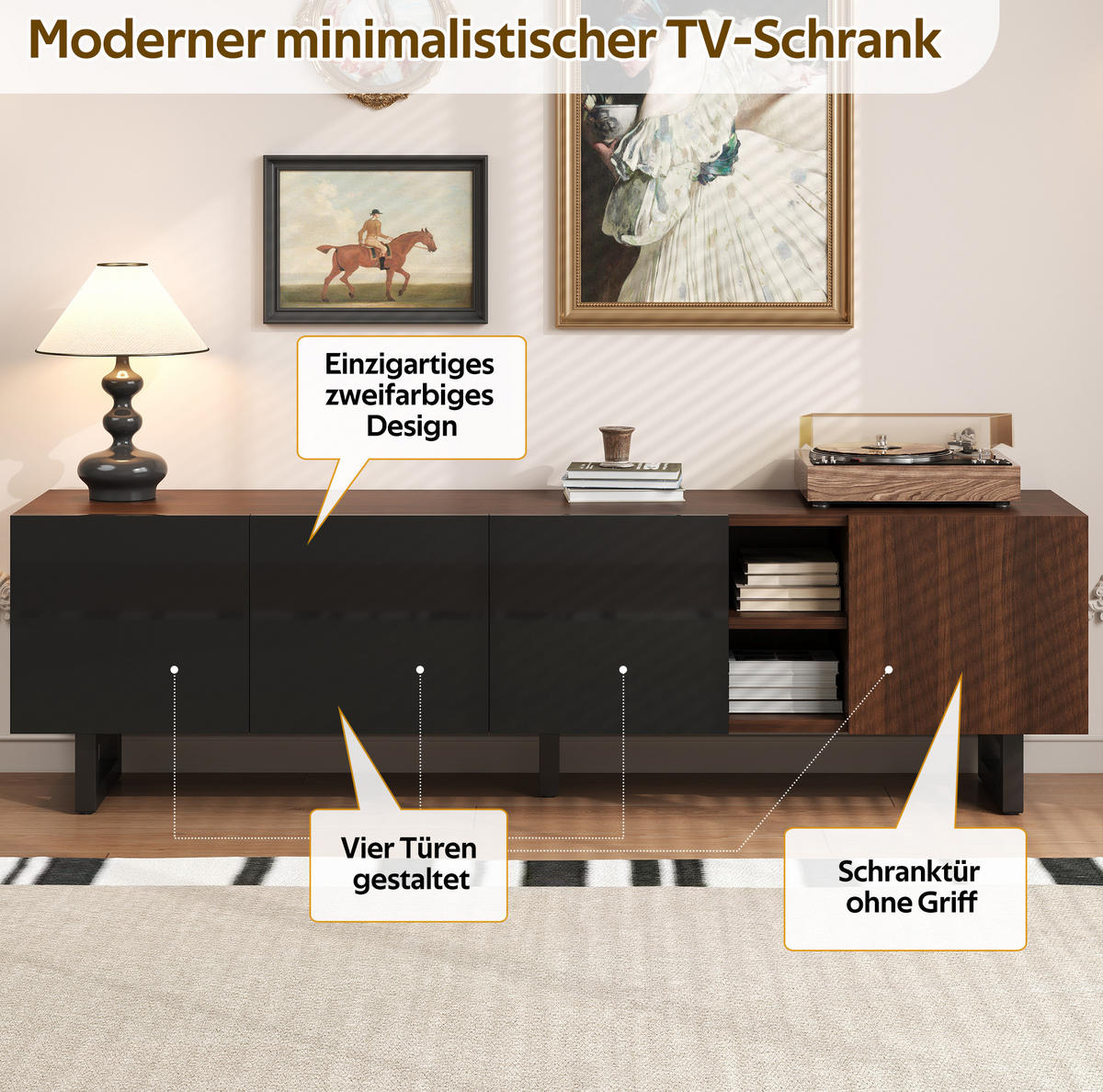 LOWBOARD 180/38/50 cm aus MDF mit Hochglanzfronten und grifflosem Türdesign Schwarz/Natur - Hellbraun, Holzwerkstoff (180/50/38cm) - Modenvie