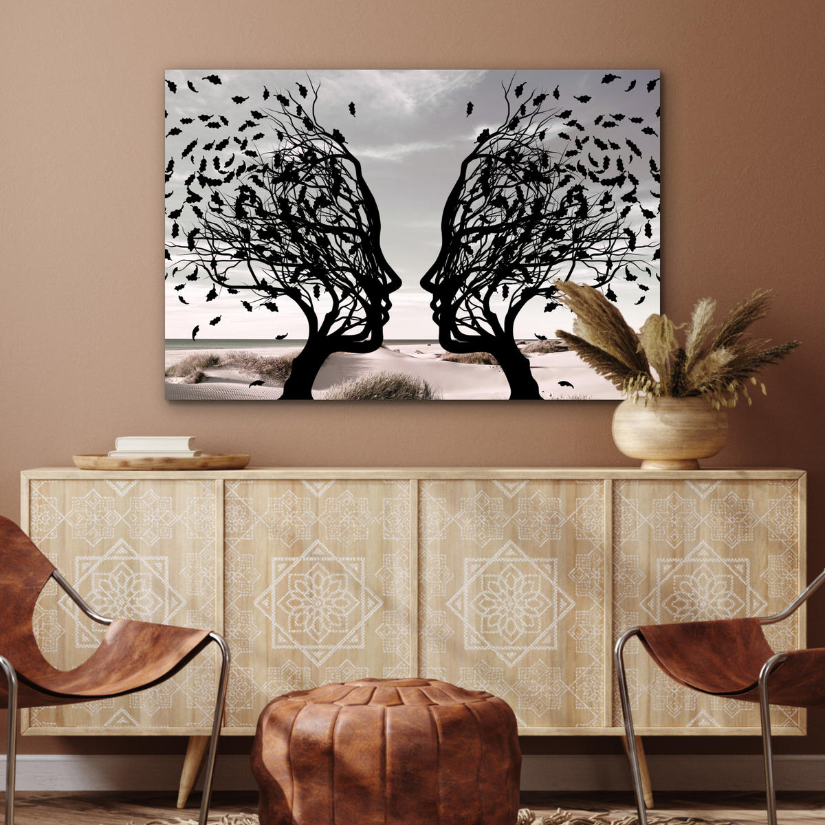 METALLBILD Strand - Meer - Menschen - Baum - Moderne Kunst 90x60 cm - Hellgrau, Metall (90/60cm) - MuchoWow