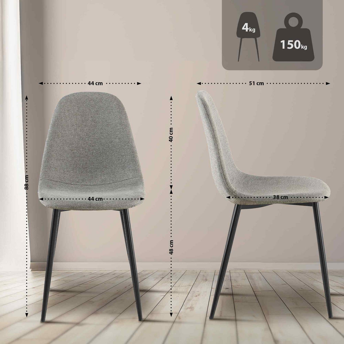 STUHL Stoff Hellgrau - Hellgrau/Schwarz, Textil/Metall (44/88/51cm) - CLP