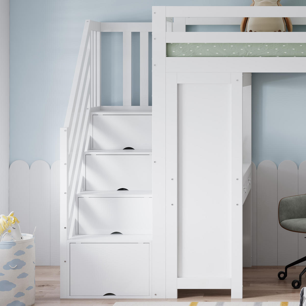 HOCHBETT 90/200 cm in Weiß mit Schubladen, Regal und Schreibtisch - Weiß, Holzwerkstoff (90/200cm) - STILVORA