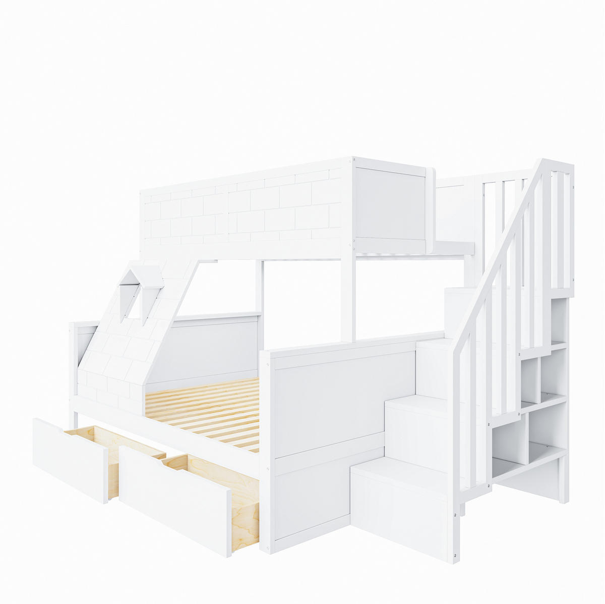 ETAGENBETT 90/200 & 140/200 cm mit Stauraumtreppe, 2 Schubladen und Fenster, Weiß - Weiß, Holzwerkstoff (90/200cm) - Redom