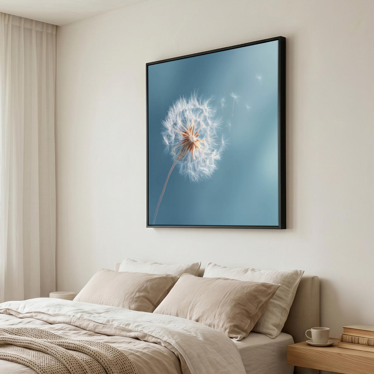 LEINWAND Bilder mit Rahmen - Löwenzahn - Wind - Blau - 90x90 - Blaugrau, Textil (90/90cm) - MuchoWow