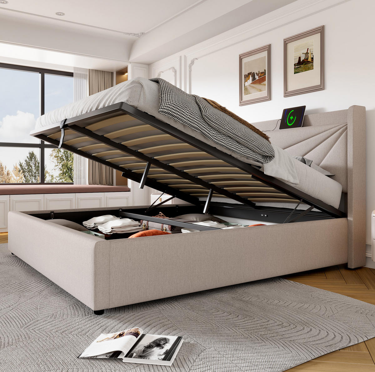 POLSTERBETT 140/200 cm aus Baumwoll-Leinen-Mix mit Bettkasten und USB-C Beige - Beige, Textil (140/200cm) - Modenvie