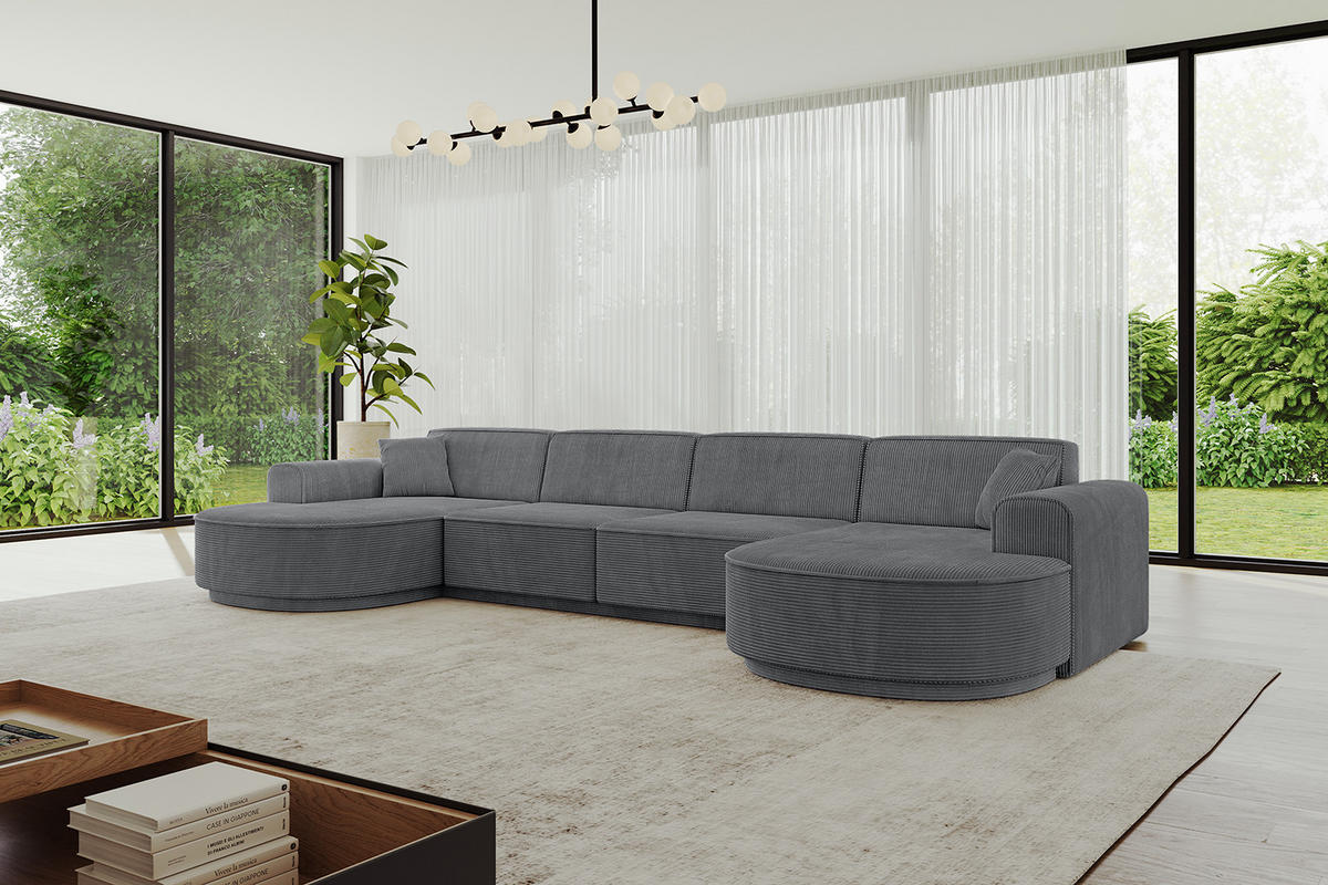 WOHNLANDSCHAFT MARI-U2 - 380x163x81 cm Dunkelgrau Cord - Dunkelgrau/Schwarz, Holzwerkstoff/Kunststoff (380/81/163cm) - ALTDECOR
