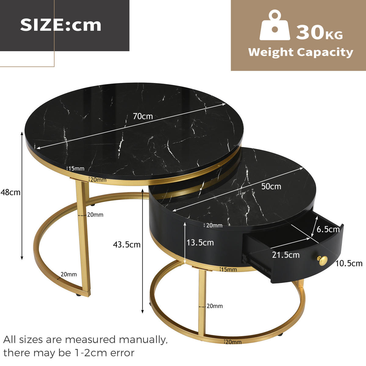 COUCHTISCH-SET 70/70/48 und 50/50/43,5 cm, rund, aus MDF mit Nesting-Design, Hochglanz-Marmormuster und Metallgestell, Schwarz - Schwarz, Holzwerkstoff (70/70/48cm) - Redom