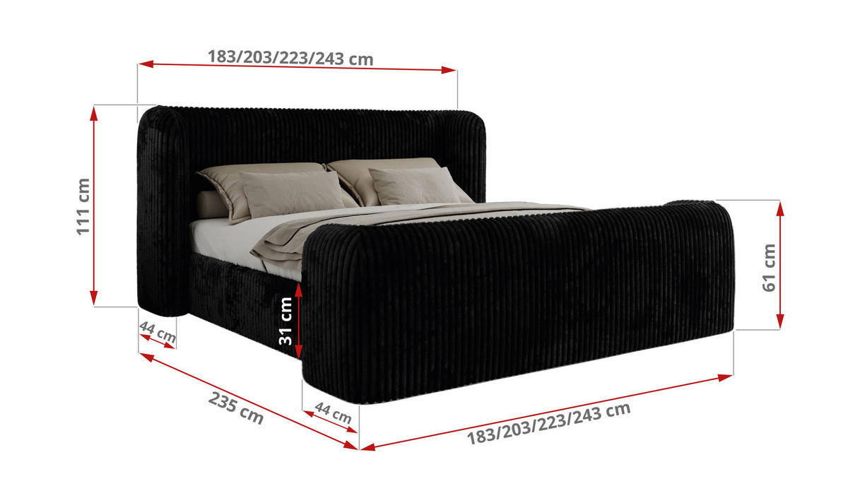 POLSTERBETT EMORA CLASSIC DUO 160/200 - Schwarz Cord - Schaum-Matratze - Schwarz, Textil (160/200cm) - MKS