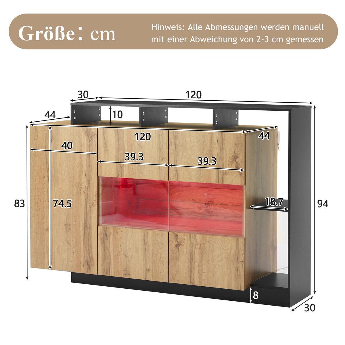 KOMODA 140/44/93,5 cm v barvi lesa s črnim okvirjem z LED-osvetlitvijo in nastavljivimi policami iz MDF in akrila - naravne barve, leseni material (140/93.5/44cm) - OKWISH