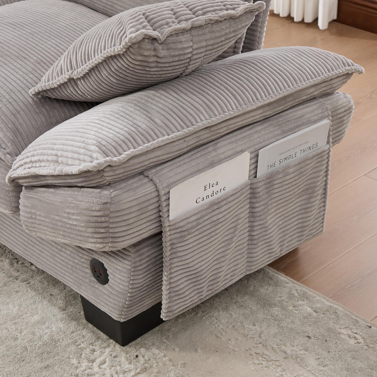 2-SITZER SOFA Cord Hellgrau mit Hocker und USB-C - Hellgrau, Holzwerkstoff/Kunststoff (190/84/132cm) - WISHDOR