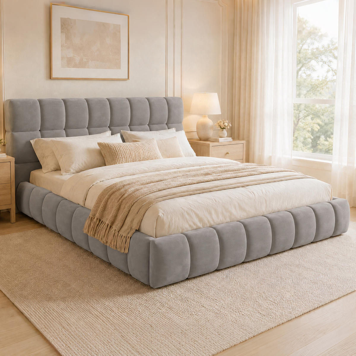 POLSTERBETT 140x200cm Samt Rückenlehne Jugendbett Grau - Grau, Textil (140/200cm) - FLIEKS