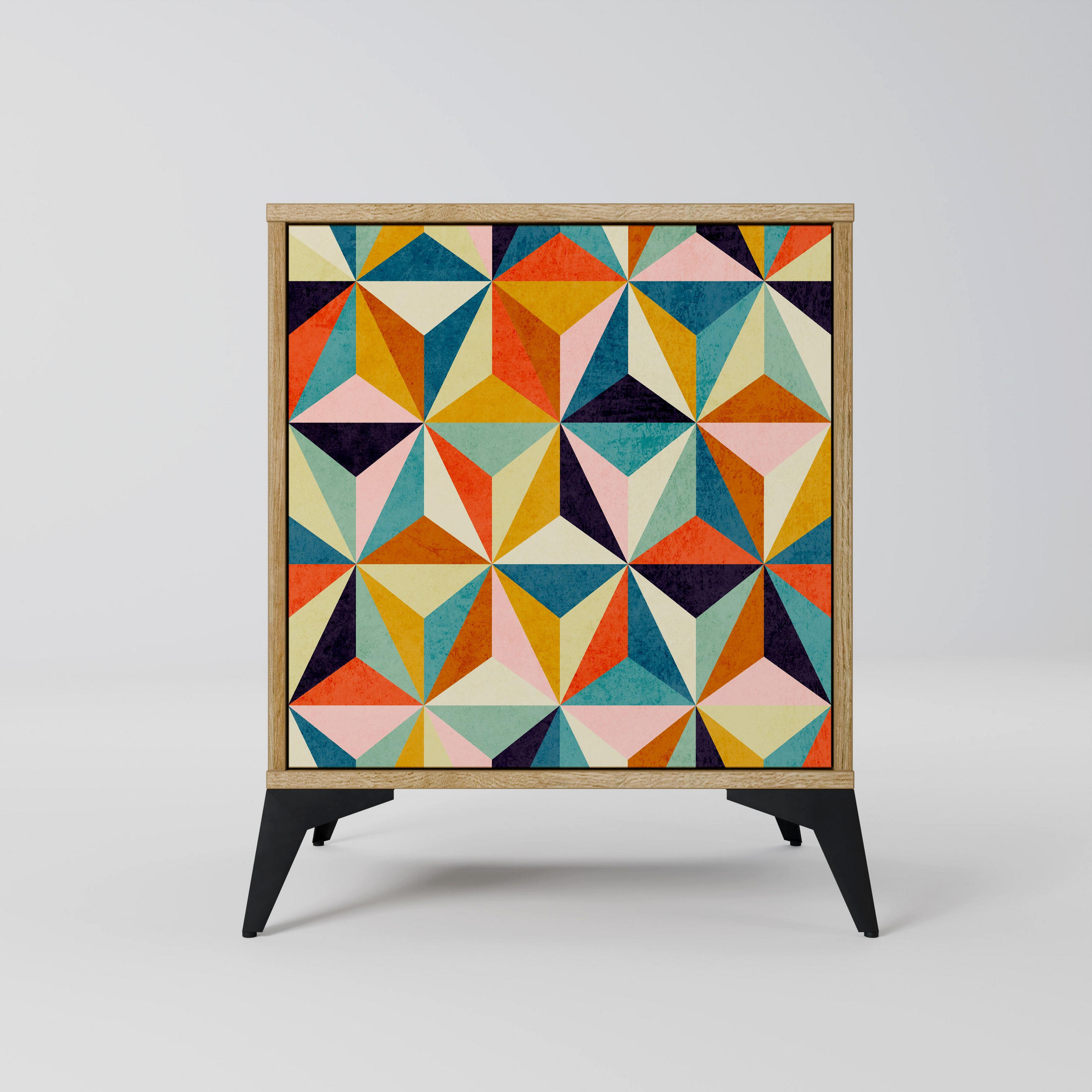 SIDEBOARD TESSELATE TREASURES, Eichefarben, 57,5x42x70,5 cm, Schwarze Metall-Sternfüße - Eichefarben/Multicolor, Holzwerkstoff/Metall (57.5/70.5/42cm) - SpaceRebels