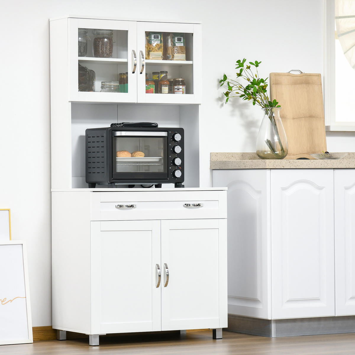 BUFFET DE-10998 2 Türen & große Schublade mit Vitrine Weiß - Weiß, Holzwerkstoff (121.92/431.8/203.2cm) - ComfortXL