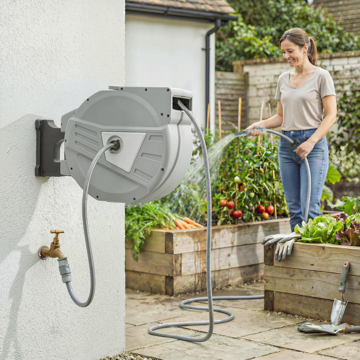 SCHLAUCHAUFROLLER DE-13889 42 m automatisch 180° schwenkbar Grau - Grau, Kunststoff (26/43/61cm) - ComfortXL