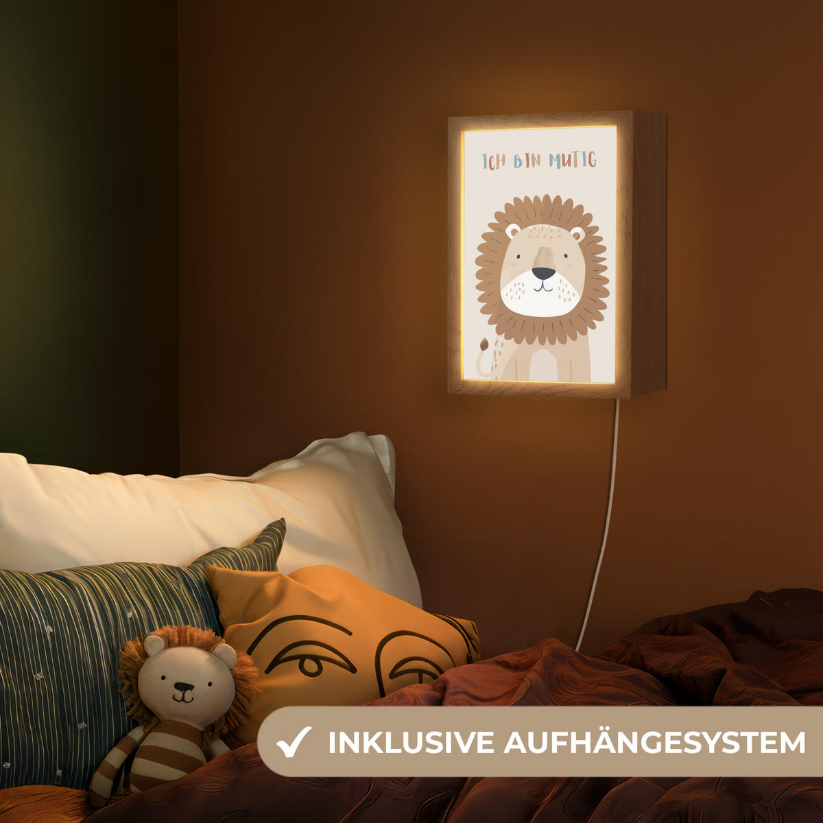 NACHTTISCHLAMPE Löwe - Beige - Tier - Mutig - Zitat 20x30 cm - Beige, Holzwerkstoff (8/20/30cm)