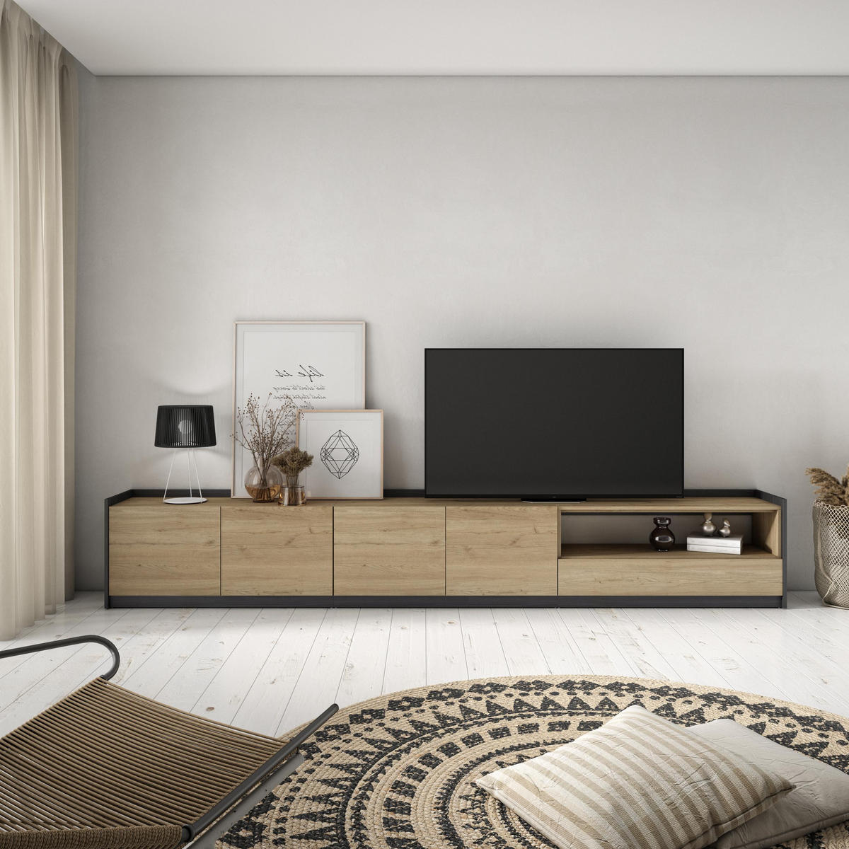 TV-SCHRANK, Lowboard, Eiche Schwarz, 310/37/50cm - Eichefarben, Holzwerkstoff (310/50/37cm) - Skraut Home
