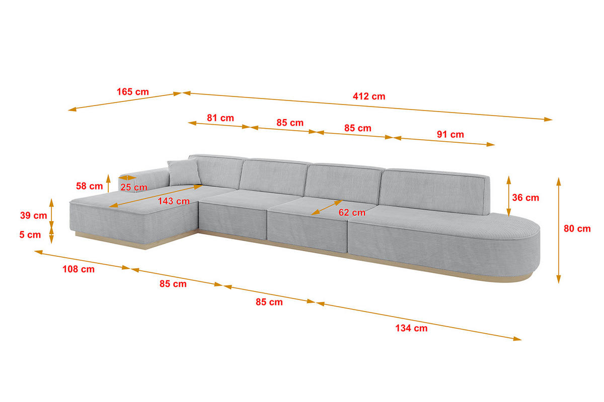 ECKSOFA Ottomane Links IREA-L3 - 412x165x80 cm Grau - Grau, Holzwerkstoff/Textil (412/165cm) - ALTDECOR