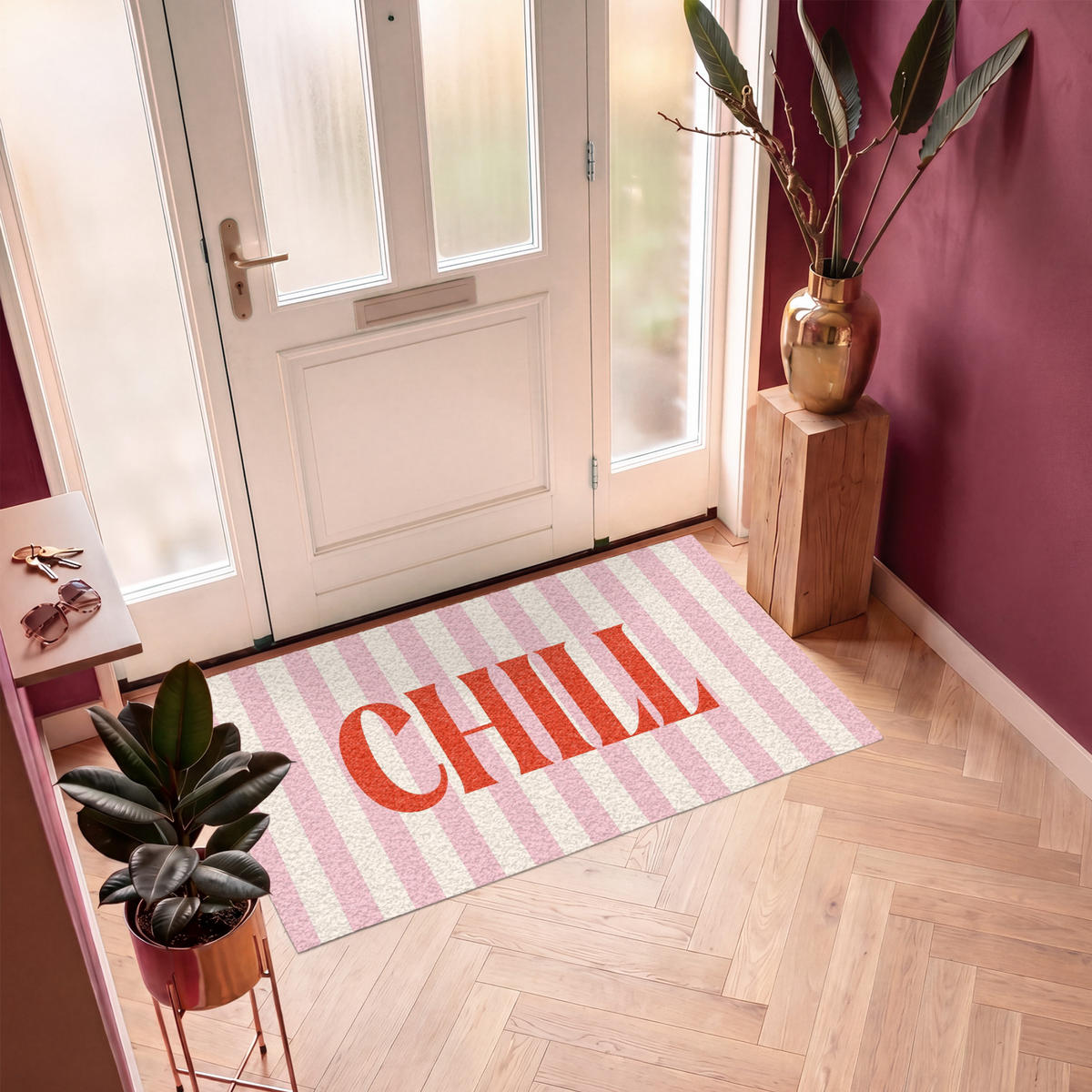 FUSSMATTE Zartrosa – Rot – Streifen – Chill 150x90 cm - Rosa, Kunststoff (150/0.4cm) - MuchoWow