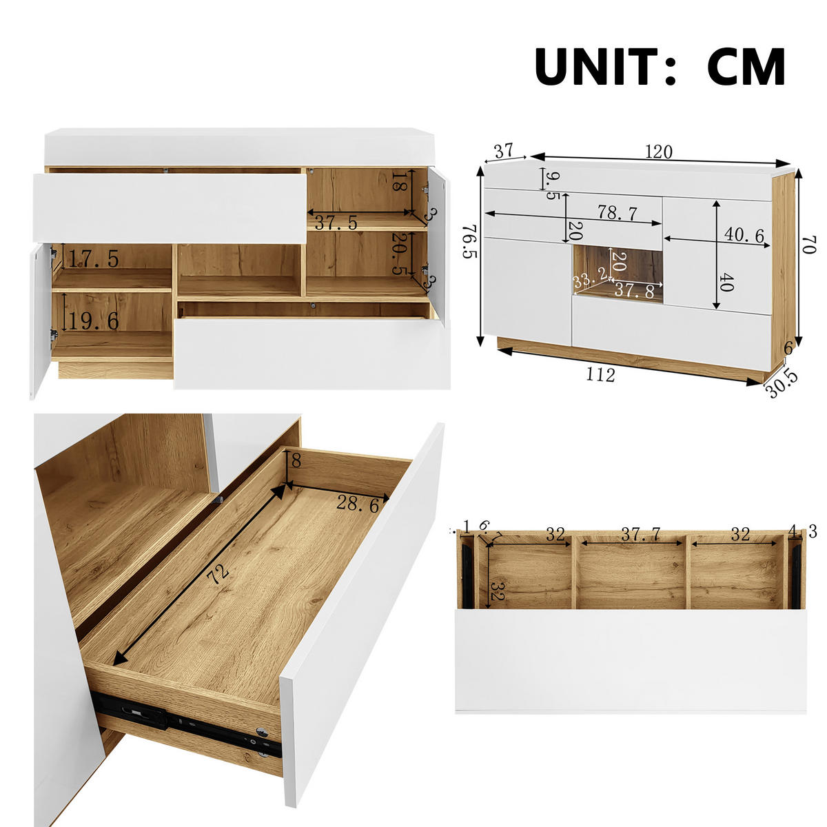 SIDEBOARD mit 2 Schubladen, Türen und offenem Fach, Hochglanz mit Holzoptik, integrierter 16-Farben-LED-Streifen, Spanplatte, 120/37/76,5 cm, Weiß - Weiß, Holzwerkstoff (120/37/76.5cm) - Redom