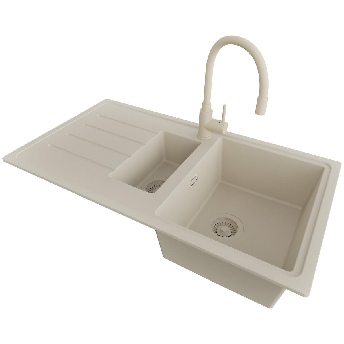 GRANITSPÜLE Kopenhagen Duo, 2-er set Beige 90/50 cm 1,5 Becken + Küchenarmatur 38/14 cm + Ablauf-Set ab 60er Unterschrank - Beige, Kunststoff (90/19/50cm) - Primagran