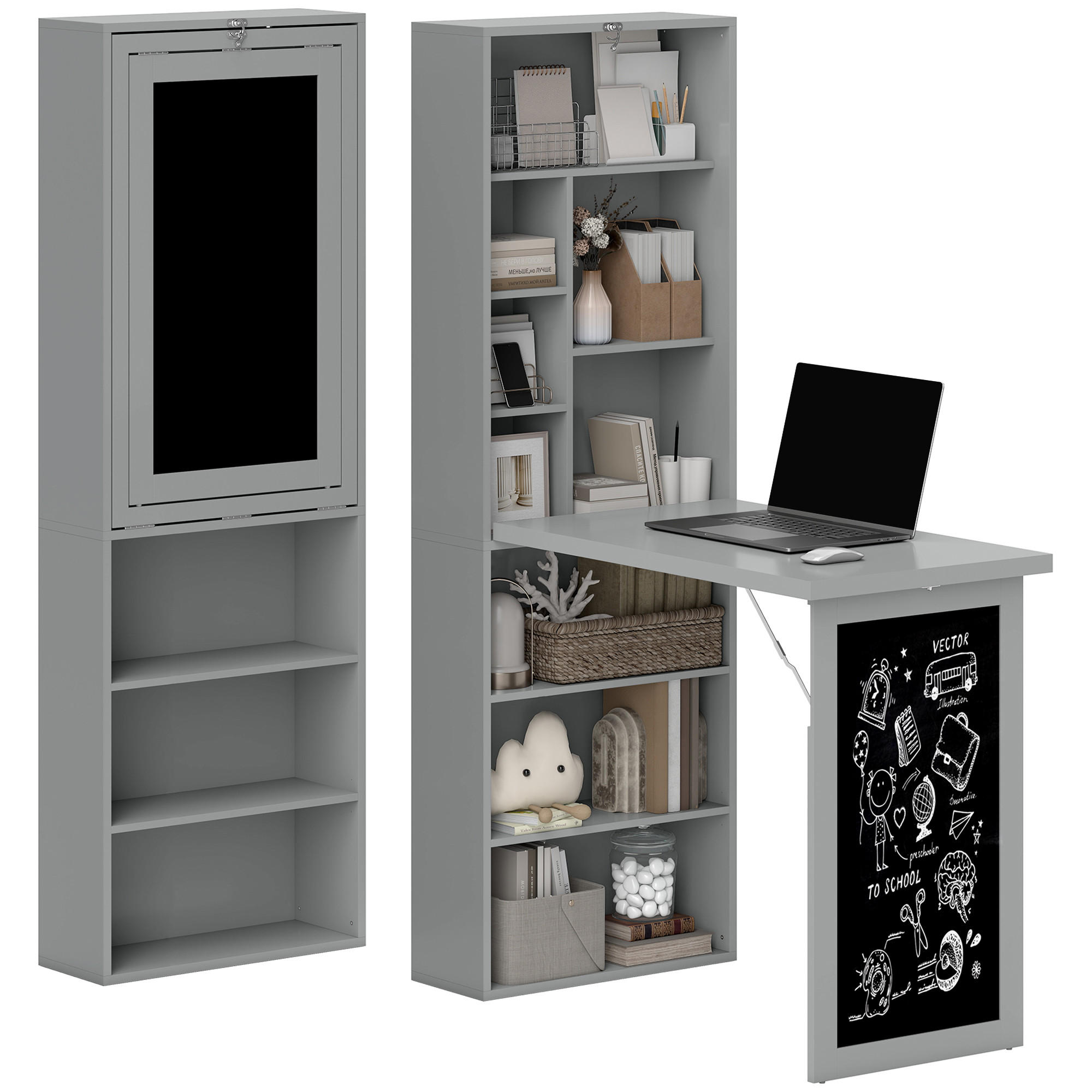 SCHREIBTISCH Holzoptik klappbar mit Regal und Tafel 98/51/153 cm - Grau, Holzwerkstoff (51/98/153cm) - PANGIVO