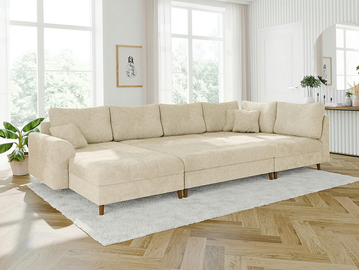 WOHNLANDSCHAFT inkl. Hocker Sigurd Beige Chenille - Beige/Braun, Holz/Textil (310/81/161cm) - S-Style Möbel
